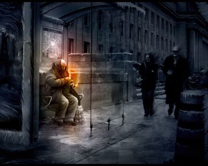 Обои на рабочий стол Москва, холодная зима 2009. (Нищий, но не на паперти, к нему приближаются  две странных личности, похожие на гостей из преисподни)