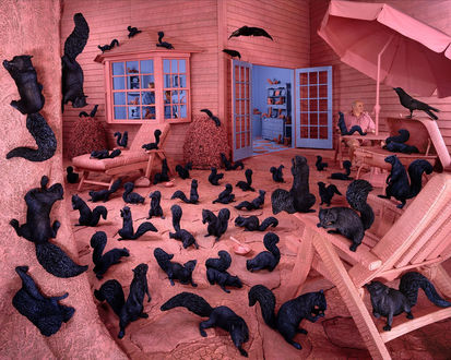 Обои на рабочий стол Креатив Sandy Skoglund - черные белки носятся по розовой комнате (во, допился)