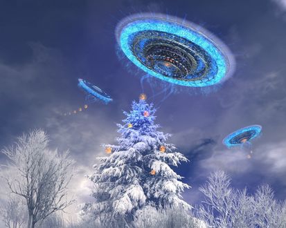 Обои на рабочий стол Инопланетяне прилетели посмотреть на новогоднюю елку