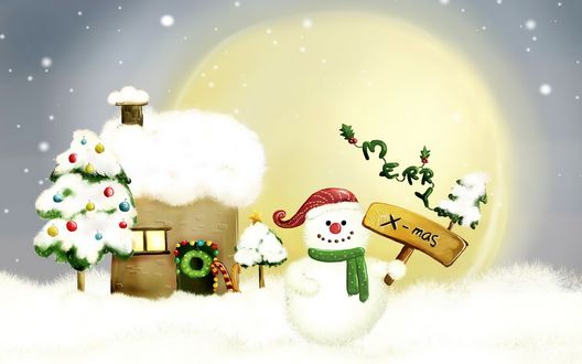 Обои на рабочий стол Снеговик держит табличку X-mas около своего дома