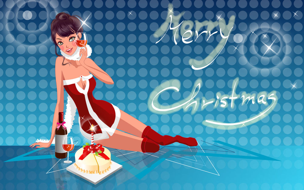 Обои для рабочего стола Сексуальная снегурочка встречает Рождество с вином и тортом (Merry Christmas)