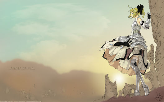 Обои на рабочий стол Сэйбер Лили / Сейбер Лилия / Saber Lily, персонаж компьютерных игр Fate / unlimited codes и Fate / Grand Order стоит у развалин замка
