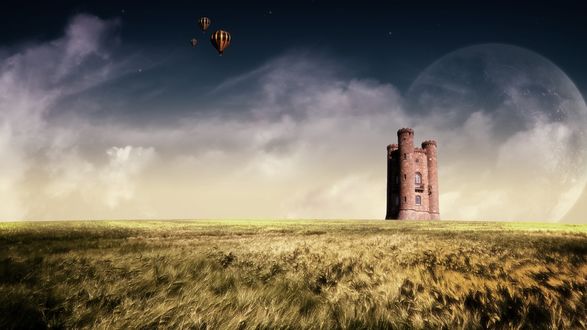 Обои на рабочий стол Бродвейская башня / Broadway Tower  и воздушные шары на Бродвейском холме / Broadway Hill, недалеко от города Бродвей (Бродуэй), в английском графстве Вустершир, Великобритания