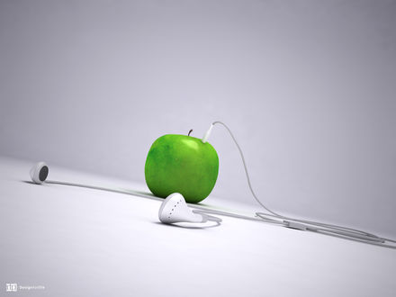 Обои на рабочий стол Белые наушники воткнуты в яблоко (Design for life)