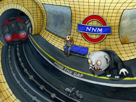 Обои на рабочий стол Метро, станция NNM (почти МММ) с предупреждающими надписями MIND THE GAP, в нём крысы и зубастый чудик