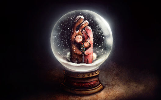 Обои на рабочий стол Детишки в костюме крольчат в новогодней игрушке (Merry Christmas)