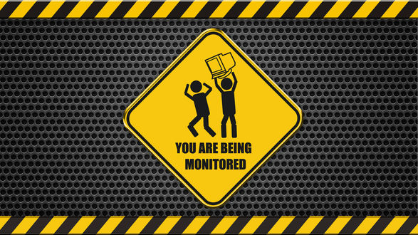 Обои на рабочий стол Человечек бьет другого на знаке, монитором (You are being monitored)