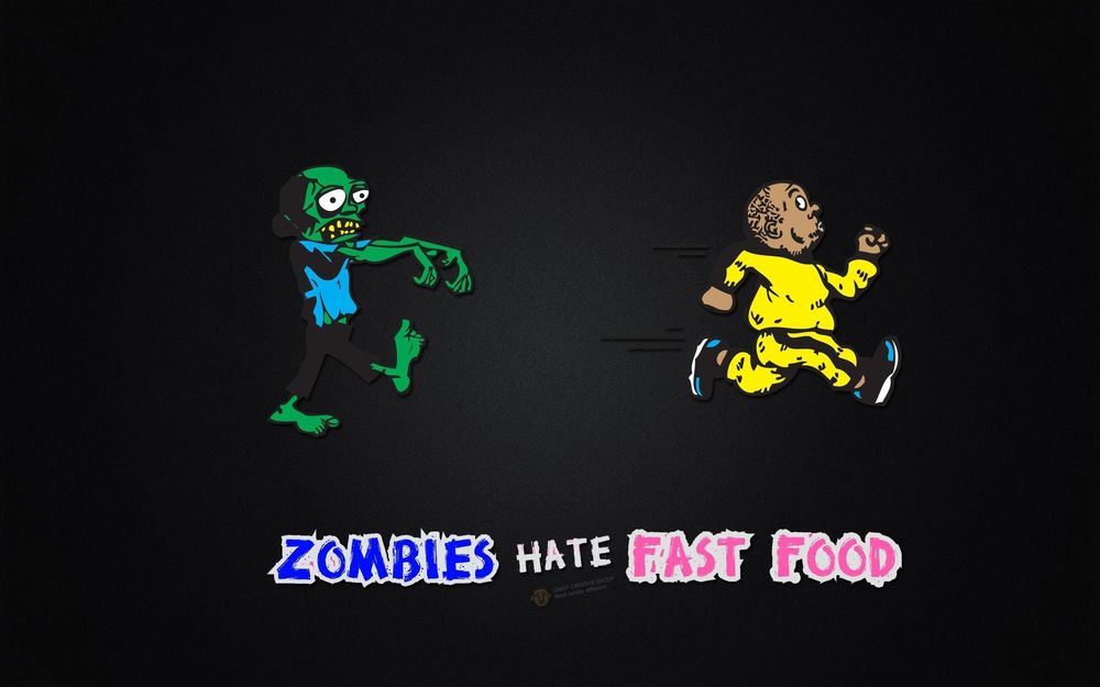 Обои для рабочего стола Zombies hate fast food. Lenni creative group think totally diffirent-Зомби пытается догнать вкусного толстячка