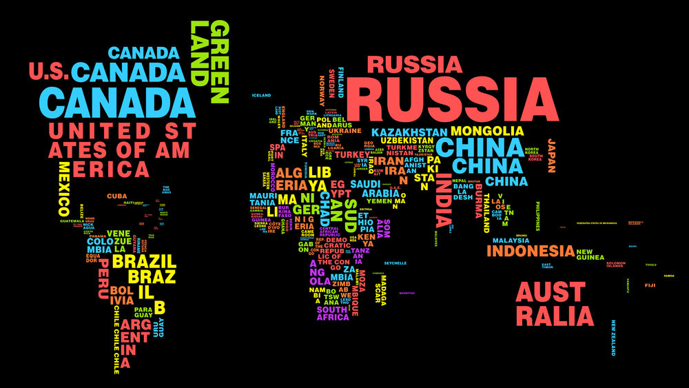 Обои на рабочий стол Карта мира состоит из цветных названий государств иреспублик, обои для рабочего стола, скачать обои, обои бесплатно