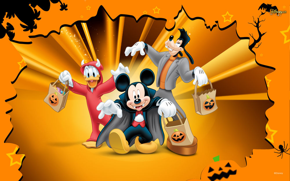 Обои для рабочего стола Диснеевские герои Гуфи, Микки и МакДак нарядились для хеллоуина и идут собирать по домам сладости (Disney)