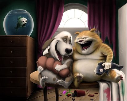 Обои на рабочий стол Так вот ты какое, котяче-собачее счастье...