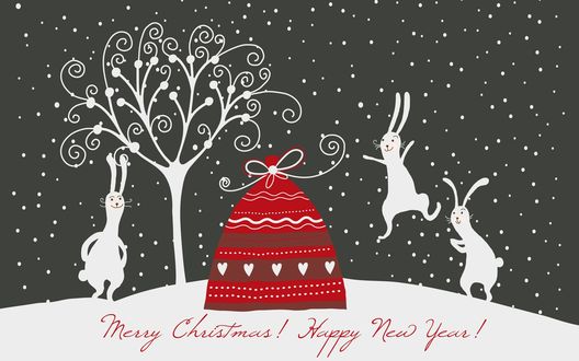 Обои на рабочий стол Зайцы скачут вокруг мешка с подарками (Marry Christmas! Happy New Year!)