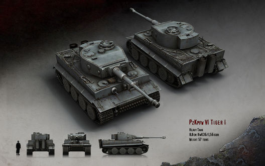 Обои на рабочий стол Немецкий тяжелый танк Тигр 1 (PZKpfw VI Tiger I Heavy Tank 8.8 cm KwK36/L56 gun, Weight 57 tons)