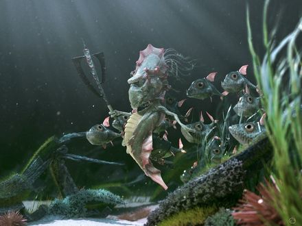 Обои на рабочий стол Морской конёк, вернее, царь и его свита из злобных пираний