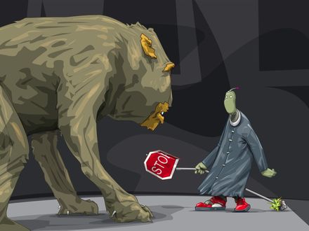 Обои на рабочий стол Инопланетянин пытается дрессировать монстра, помахивая перед ним знаком *STOP*, но увы..