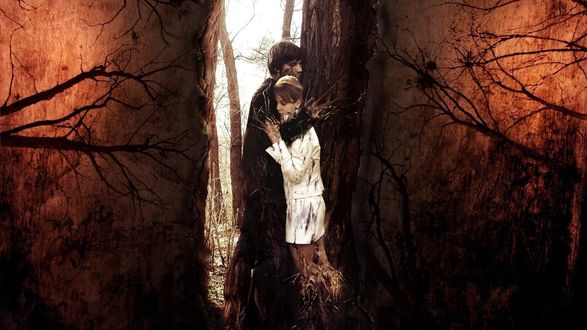 Обои на рабочий стол Парень и девушка обнимаются приросли к дереву