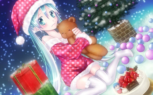 Обои на рабочий стол Новый Год. Вокалоид Мику Хатсуне с медвежонком (Merry Christmas)