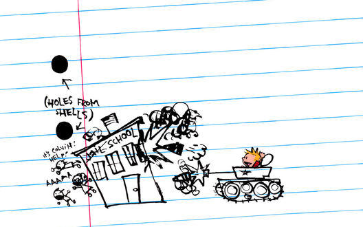 Обои на рабочий стол Мечта школьника с участием танка, школы, взрывов и одноклассников... (Holes from shells, scool, it's Calvin! Help! AAAAA)