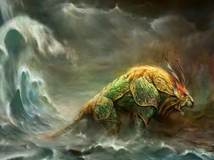 Обои на рабочий стол Страшный монстр выходит из морских пучин