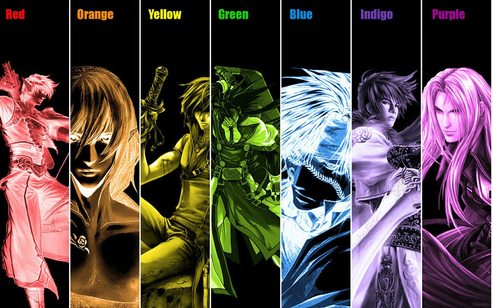 Обои для рабочего стола Герои аниме всех цветов разуги (red, orange, yellow, green, blue, indigo, purple)