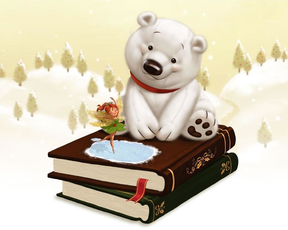 Обои для рабочего стола Фея выпорхнула из книги сказок и танцует перед белым медвежонком