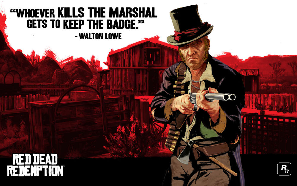Обои для рабочего стола Мужичок в цилиндре и с ружьём (Whoever kills The Marshal gets to keep the badge. -Walon lowe. RED DEAD REDEMPTION)