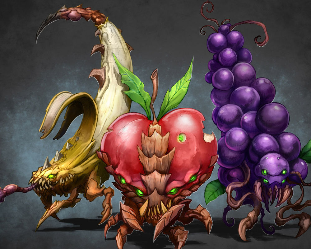 Обои для рабочего стола Банан, яблоко и виноград превратились в злых зомби