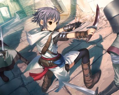 Обои на рабочий стол Yuki Nagato / Юки Нагато из аниме Suzumiya Haruhi no Yuutsu / Меланхолия Харухи Судзумии в образе персонажа из игры Assassins Creed / Кредо убийцы