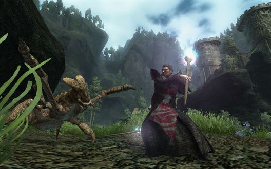 Обои на рабочий стол Главный герой игры Gothic 3 сражается с ползуном (монстр из игры)
