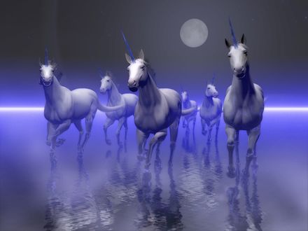 Обои на рабочий стол Табун единорогов несётся по водной глади в лунную ночь