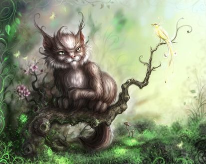 Обои на рабочий стол Кот, скорее похожий на дьявола, охотится на бедную пичушку, а может на  чью-то несчастную душу (SNAKE)