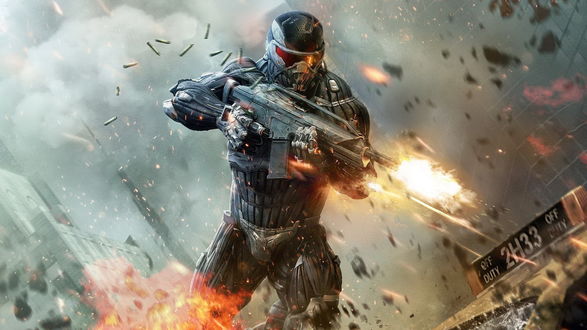 Обои на рабочий стол Воин будущего стреляет из автомата для игры «Crysis 2» (off duty 2h33)