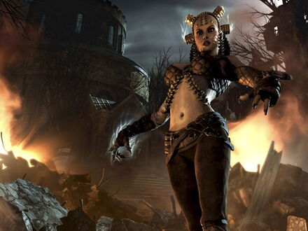 Обои на рабочий стол Девушка Заклинатель / Evoker на фоне часовни, из игры Hellgate London