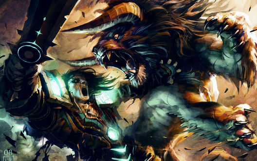 Обои на рабочий стол По мотивам игры World of Warcraft / Варкрафт / Мир Военного Ремесла, бой друида с тауреном