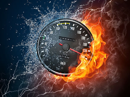 Обои на рабочий стол Огонь вода молнии и спидометр со стрелкой на отметке 238 km/h