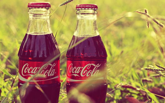 Обои на рабочий стол Две бутылки Coca-Cola в траве