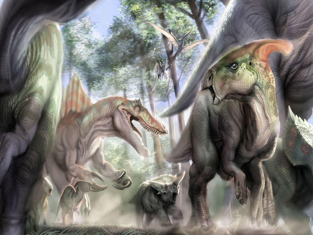 Обои для рабочего стола Доисторический мир... Нападение хищного динозавра на стадо травоядных