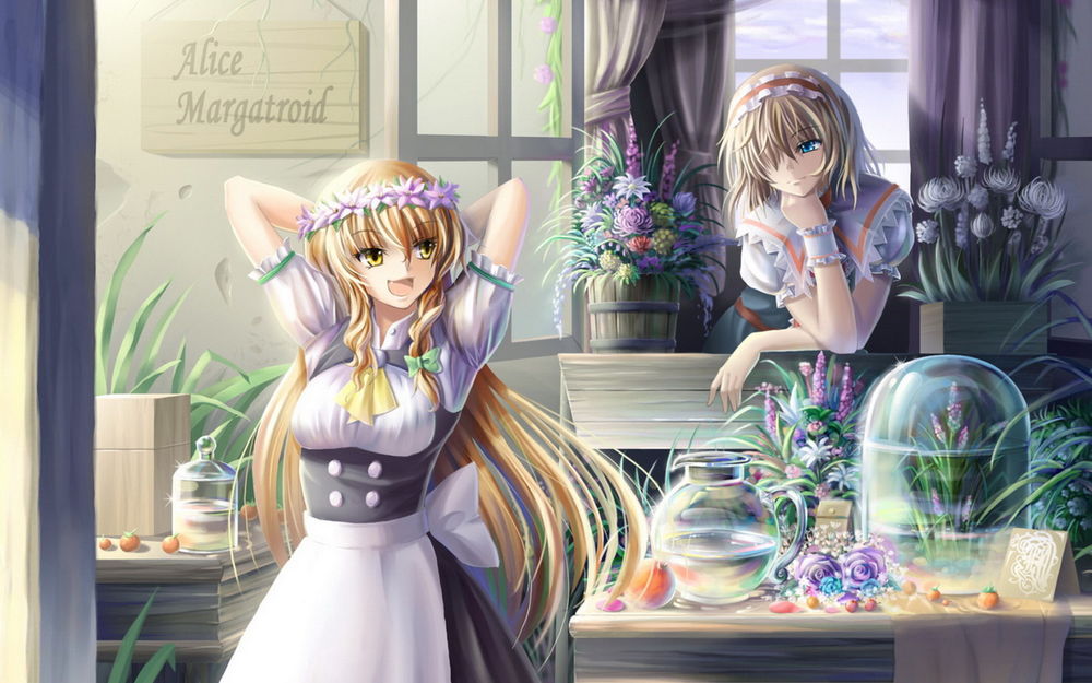Обои для рабочего стола Marisa Kirisame / Мариса Кирисаме и Alice Margatroid / Алиса Маргатройд в цветочном магазине из серии компьютерных игр Тохо / Touhou Project
