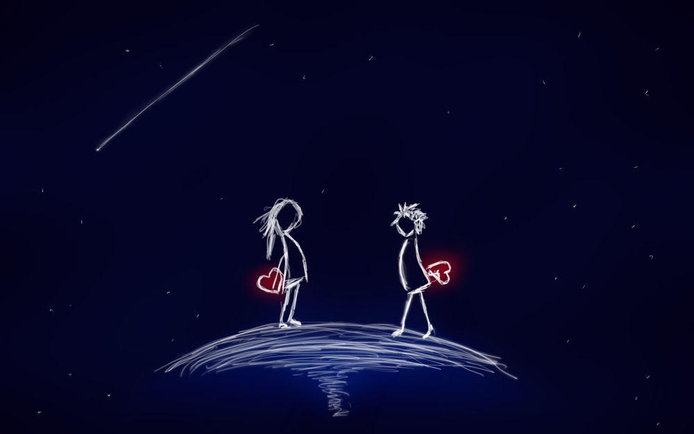 Обои для рабочего стола Мальчик и девочка держа за спиной сердца встретились на фоне падающий звезды и звездного неба