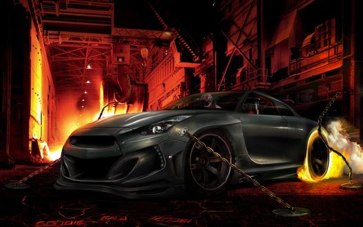 Обои на рабочий стол Спортивный Nissan прикован цепями в сталелитейном цеху