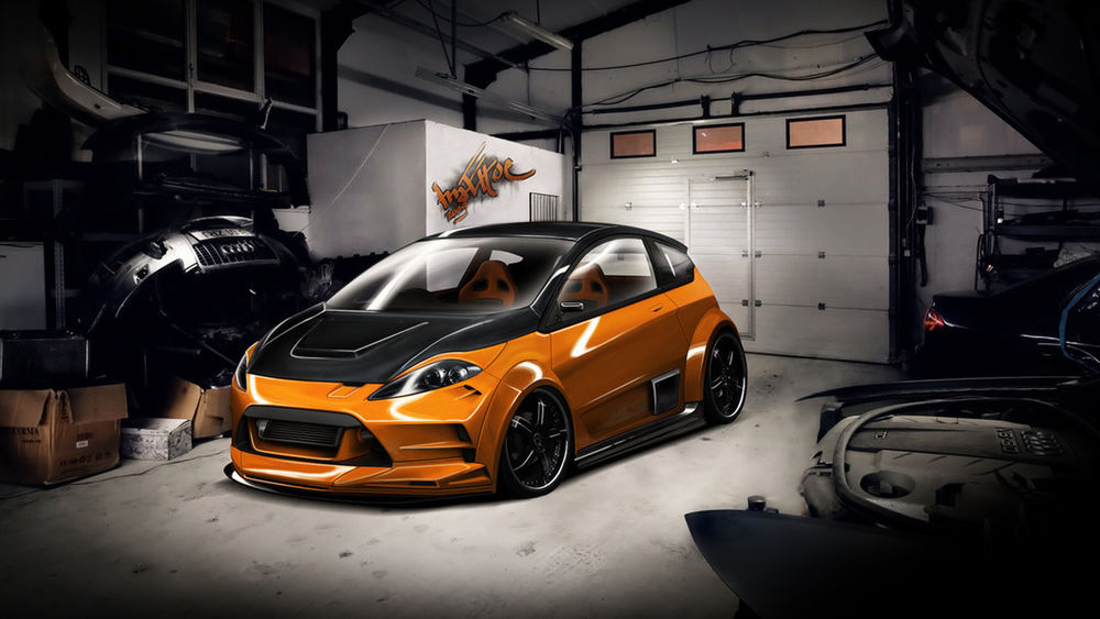 Обои для рабочего стола Тюнингованная Ford Fiesta RS в гараже