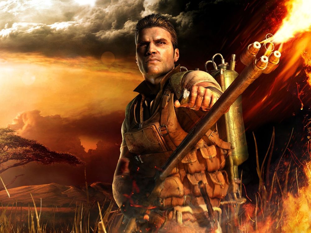 Обои для рабочего стола Главный герой игры Far Cry 2 с огнеметом