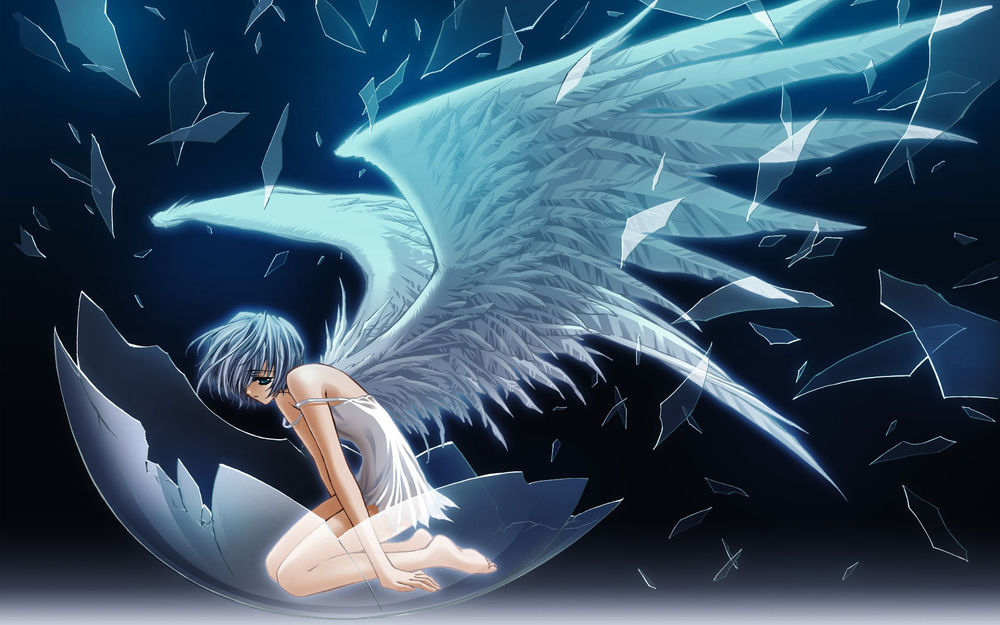 Обои для рабочего стола Rei Ayanami / Рей Аянами из аниме Евангелион / Evangelion с крыльями ангела в разбитом шаре
