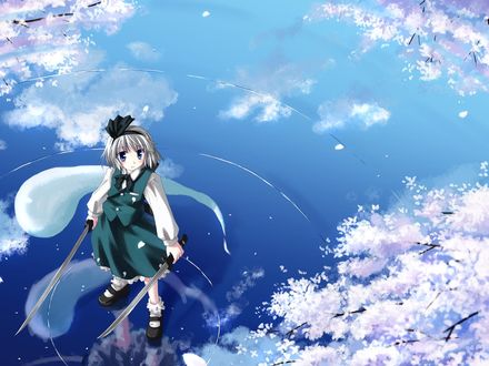 Обои на рабочий стол Konpaku Youmu с двумя клинками в руках стоит на воде и любуется цветением сакуры, игра Touhou / Восток
