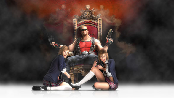 Обои на рабочий стол Duke Nukem / Дюк Нюкем с оружием на троне, к его ногам прильнули две близняшки в школьной форме (Haillo the King) из игры Duke Nukem Forever