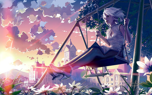 Обои на рабочий стол Izayoi Sakuya / Сакуя Изаеи из аниме-игры Тохо / Touhou Project катается на качелях