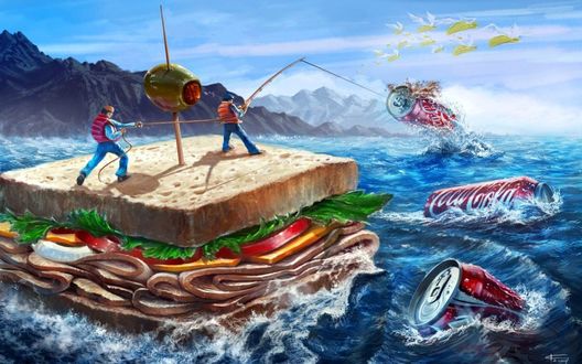 Обои на рабочий стол Рыбалка, мужчины плывя на сэндвиче вылавливают из воды банки Coca-cola