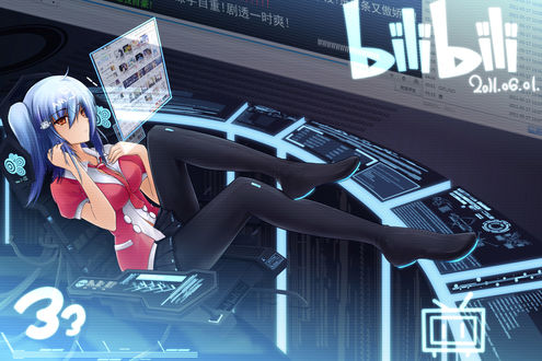 Обои на рабочий стол Девушка закинула ноги на пульт управления (New Technologies), Bili Girl 33, Bili Bili Douga, by Eva200499