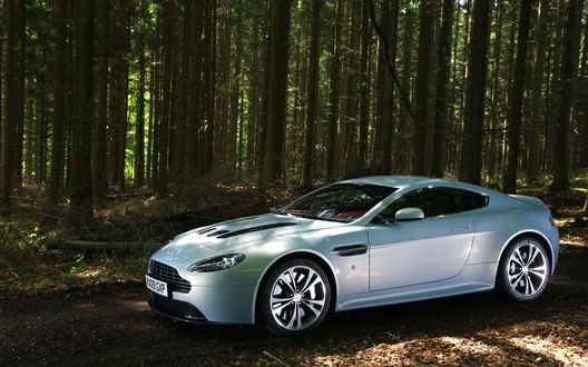 Обои на рабочий стол Aston Martin V12 Vantage в лесу