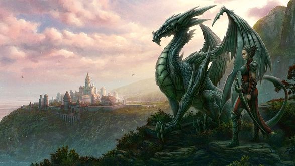 Обои на рабочий стол Девушка с саблей и дракон наблюдают за городом